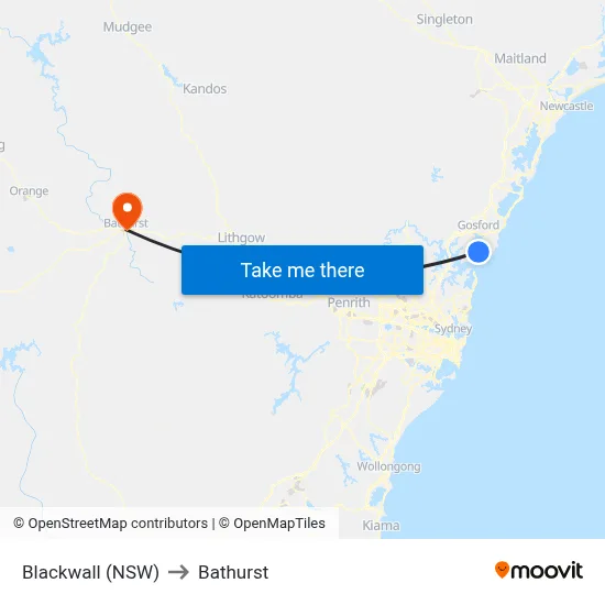 Blackwall (NSW) to Bathurst map
