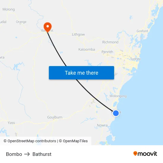 Bombo to Bathurst map