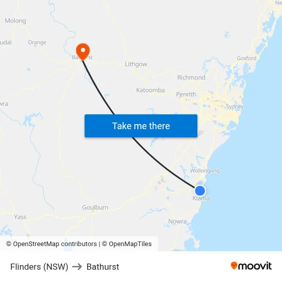Flinders (NSW) to Bathurst map