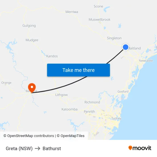 Greta (NSW) to Bathurst map