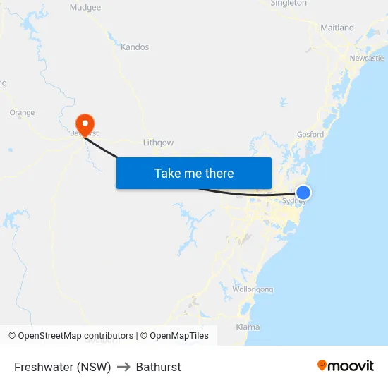Freshwater (NSW) to Bathurst map
