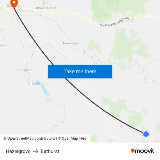 Hazelgrove to Bathurst map