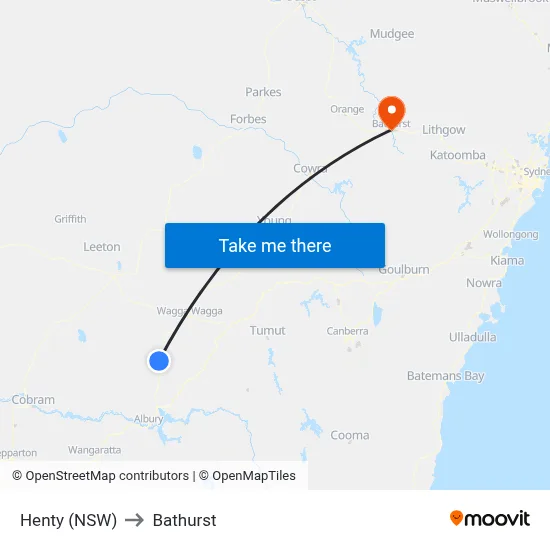 Henty (NSW) to Bathurst map