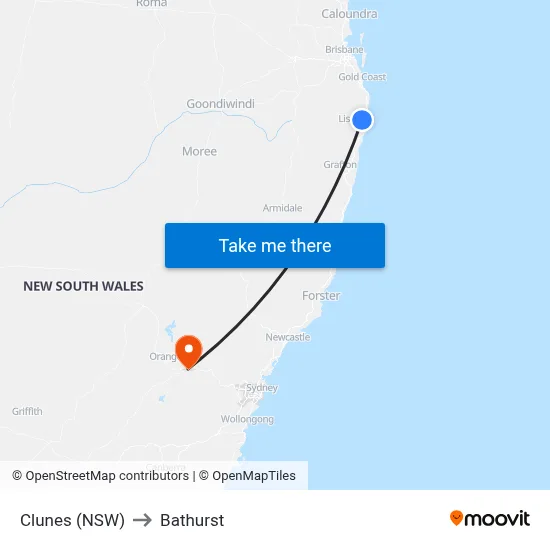 Clunes (NSW) to Bathurst map