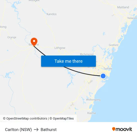 Carlton (NSW) to Bathurst map