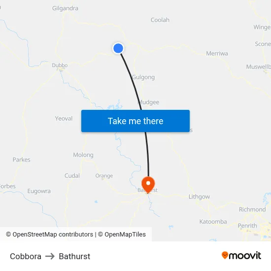 Cobbora to Bathurst map