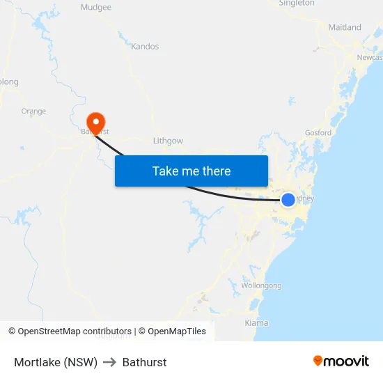 Mortlake (NSW) to Bathurst map