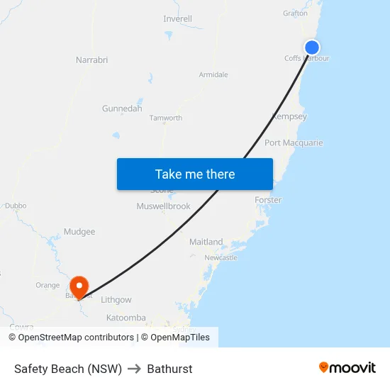 Safety Beach (NSW) to Bathurst map