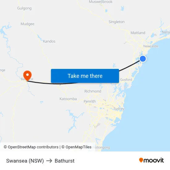 Swansea (NSW) to Bathurst map