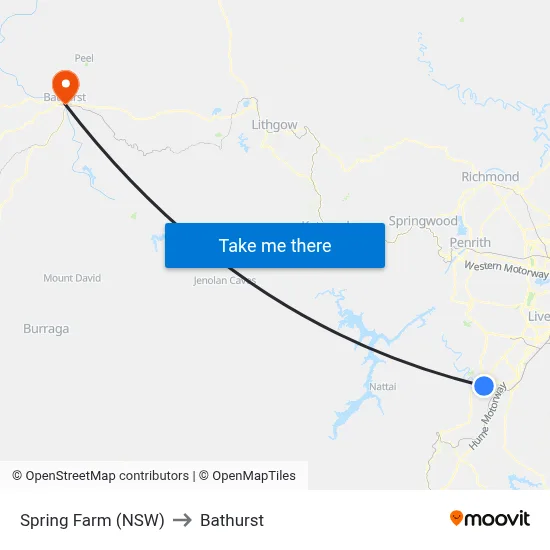 Spring Farm (NSW) to Bathurst map