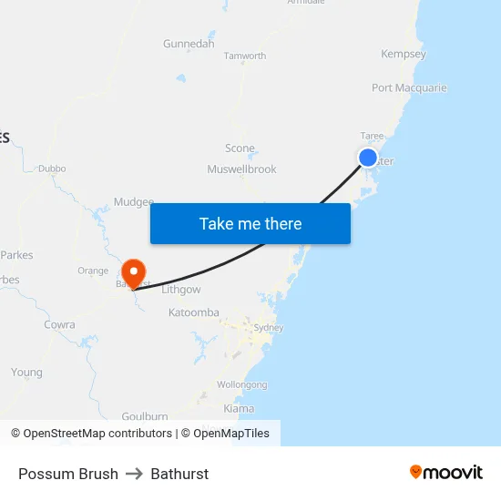 Possum Brush to Bathurst map