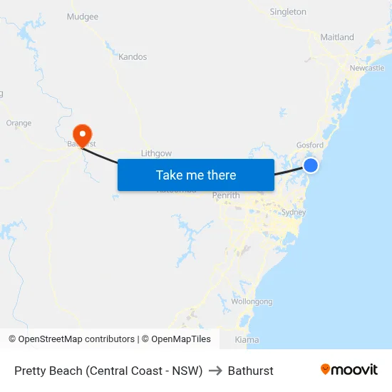 Pretty Beach (Central Coast - NSW) to Bathurst map