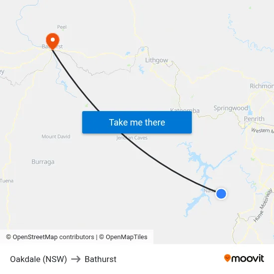 Oakdale (NSW) to Bathurst map