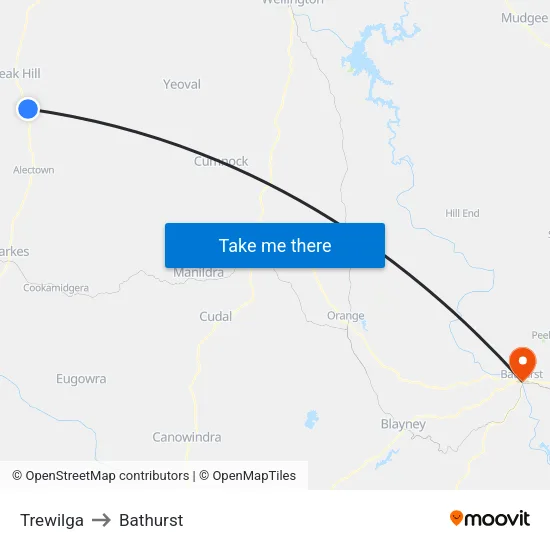 Trewilga to Bathurst map