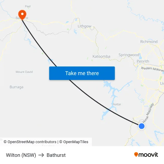 Wilton (NSW) to Bathurst map