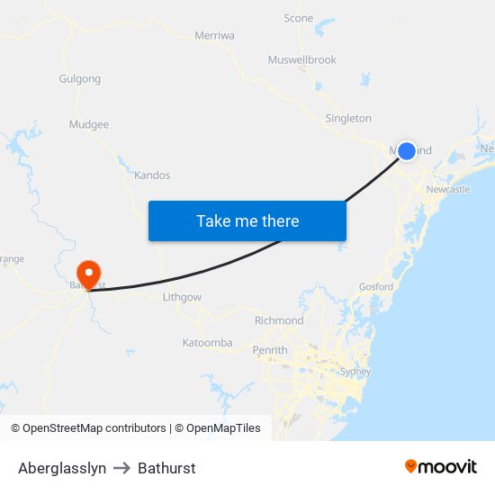 Aberglasslyn to Bathurst map