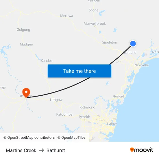 Martins Creek to Bathurst map