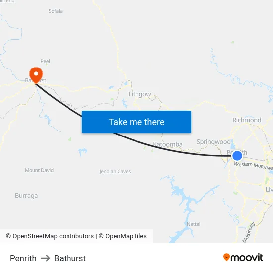Penrith to Bathurst map
