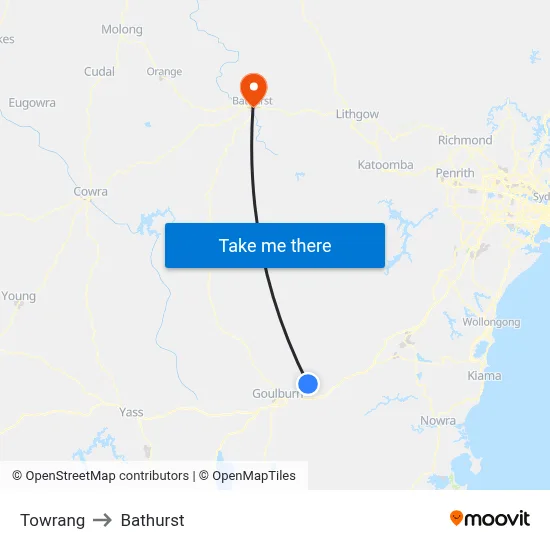 Towrang to Bathurst map