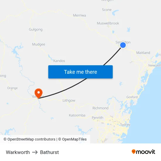 Warkworth to Bathurst map