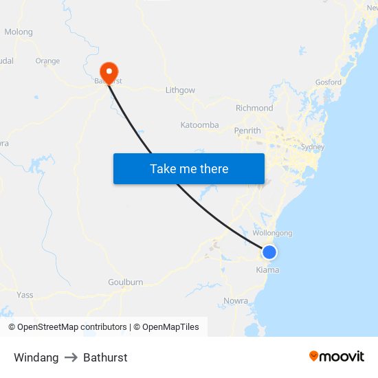 Windang to Bathurst map