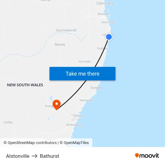 Alstonville to Bathurst map