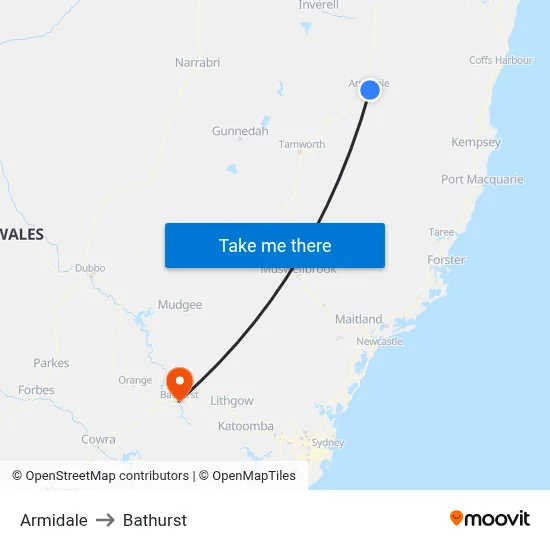 Armidale to Bathurst map