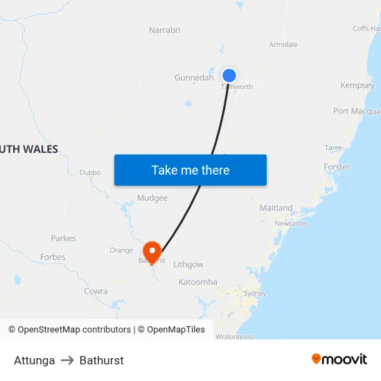 Attunga to Bathurst map
