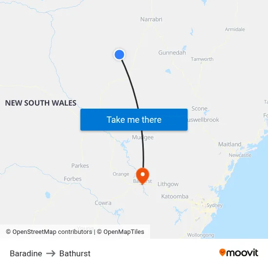 Baradine to Bathurst map