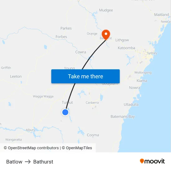Batlow to Bathurst map
