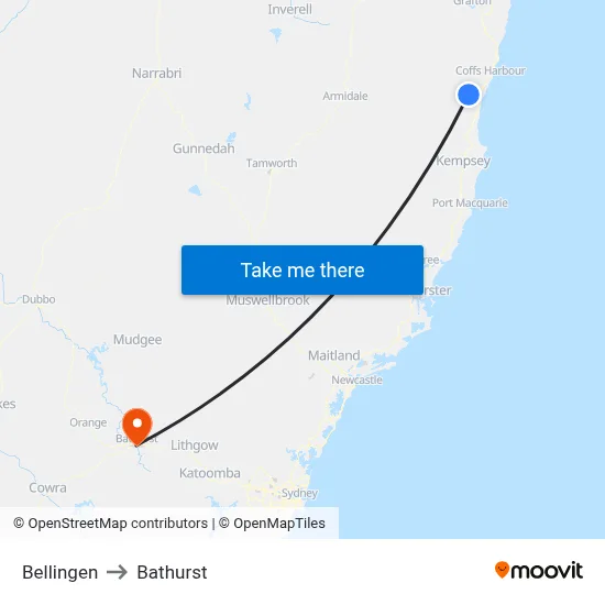 Bellingen to Bathurst map