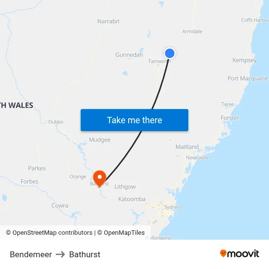 Bendemeer to Bathurst map