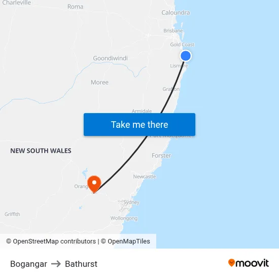 Bogangar to Bathurst map