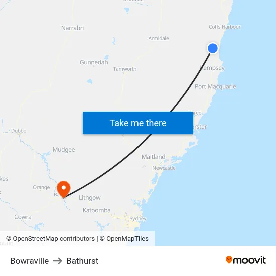 Bowraville to Bathurst map