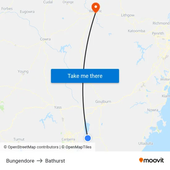 Bungendore to Bathurst map