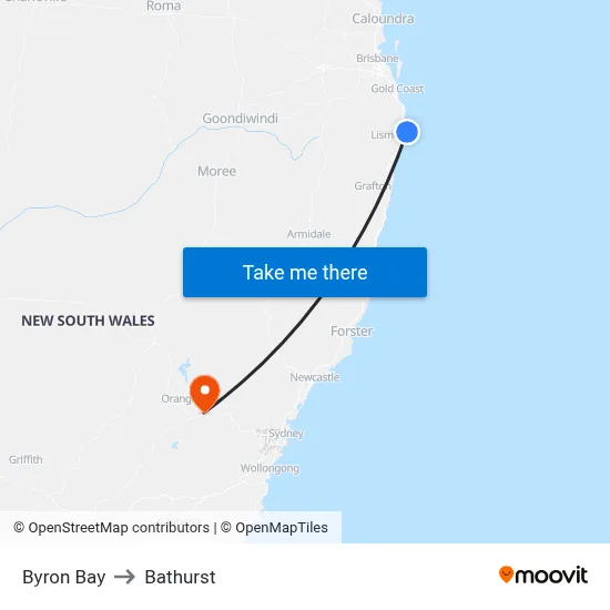 Byron Bay to Bathurst map
