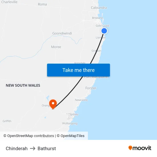 Chinderah to Bathurst map