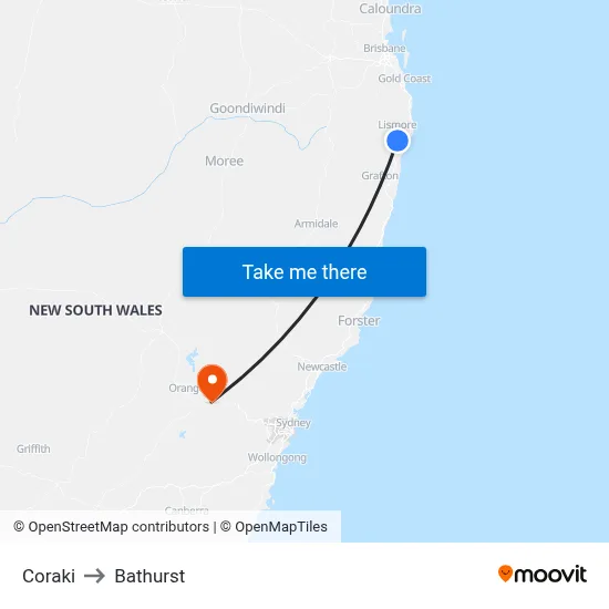 Coraki to Bathurst map
