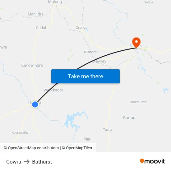 Cowra to Bathurst map