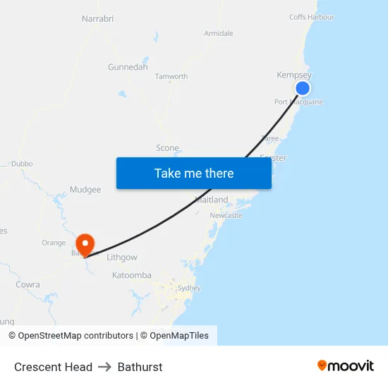 Crescent Head to Bathurst map