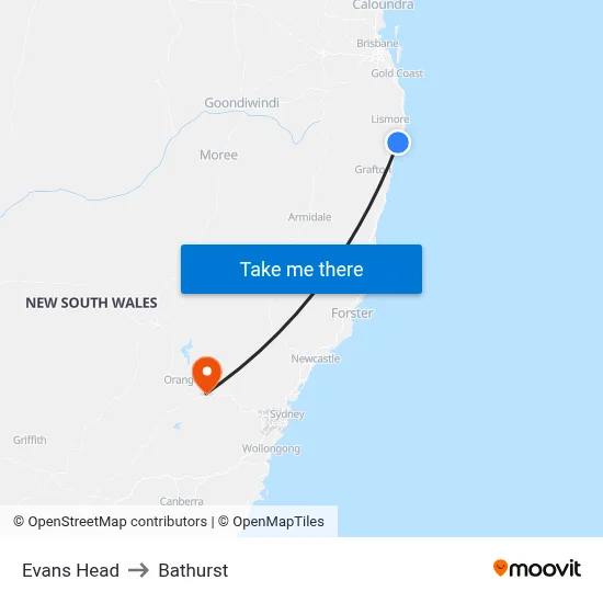 Evans Head to Bathurst map