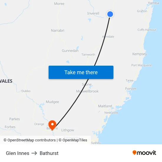 Glen Innes to Bathurst map
