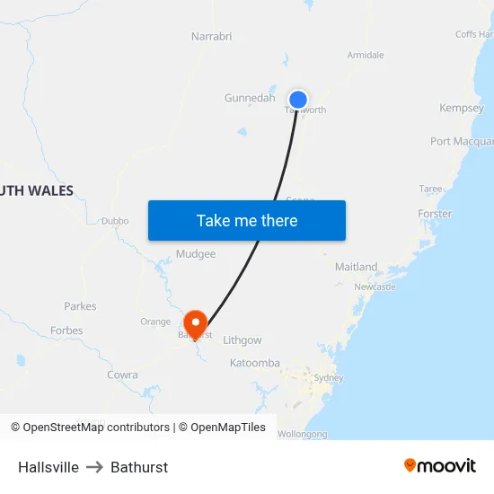 Hallsville to Bathurst map
