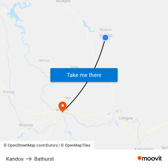 Kandos to Bathurst map