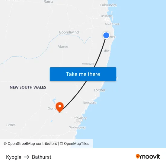 Kyogle to Bathurst map