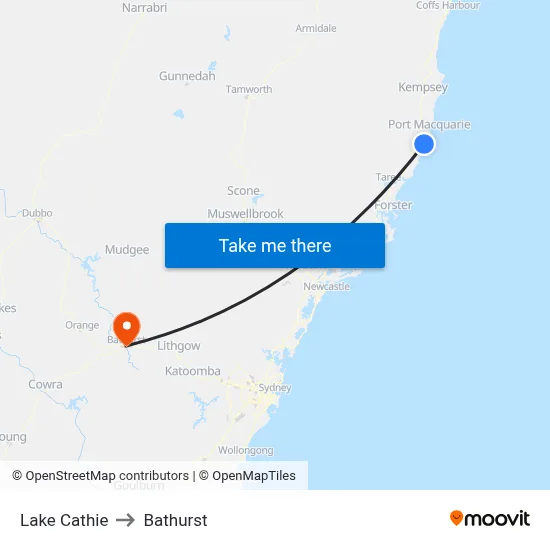Lake Cathie to Bathurst map