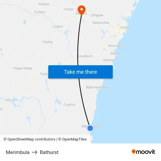 Merimbula to Bathurst map