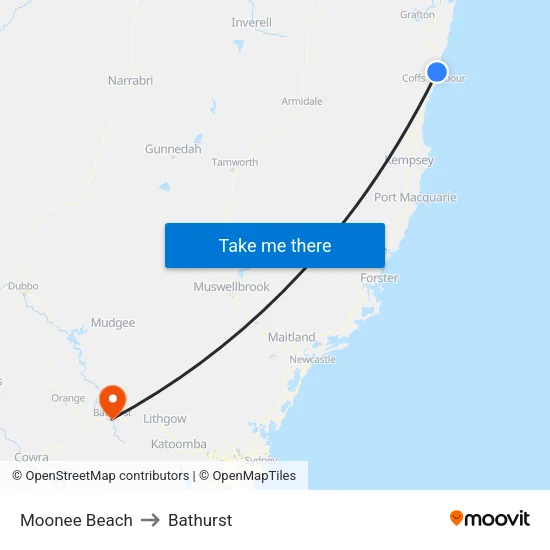 Moonee Beach to Bathurst map