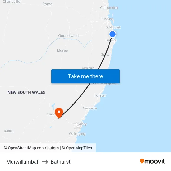 Murwillumbah to Bathurst map
