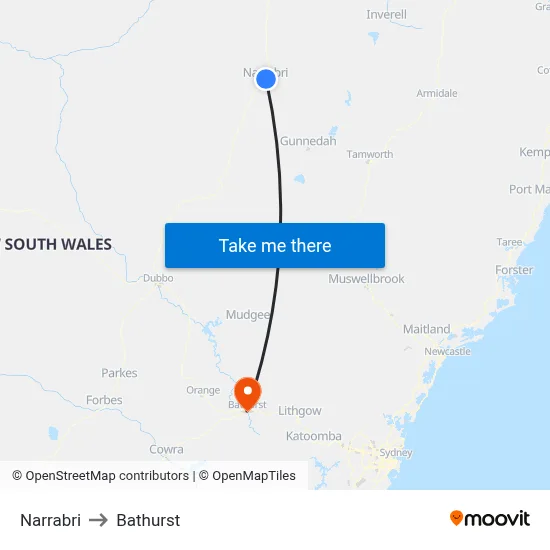 Narrabri to Bathurst map